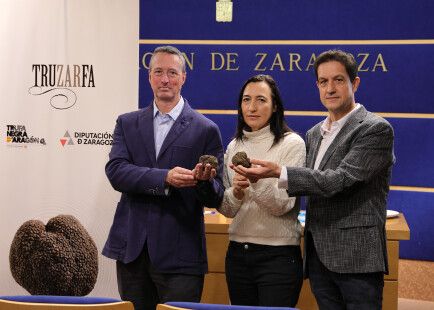 Miguel Gutiérrez (CITA), Cristina Palacín (DPZ) y Pedro Gil (Truzarfa) durante la presentación de la III muestra