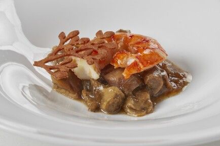 Mar y montaña de bogavante con boletus y tuille de ave (plato menú Nochevieja Restaurante Aragonia)